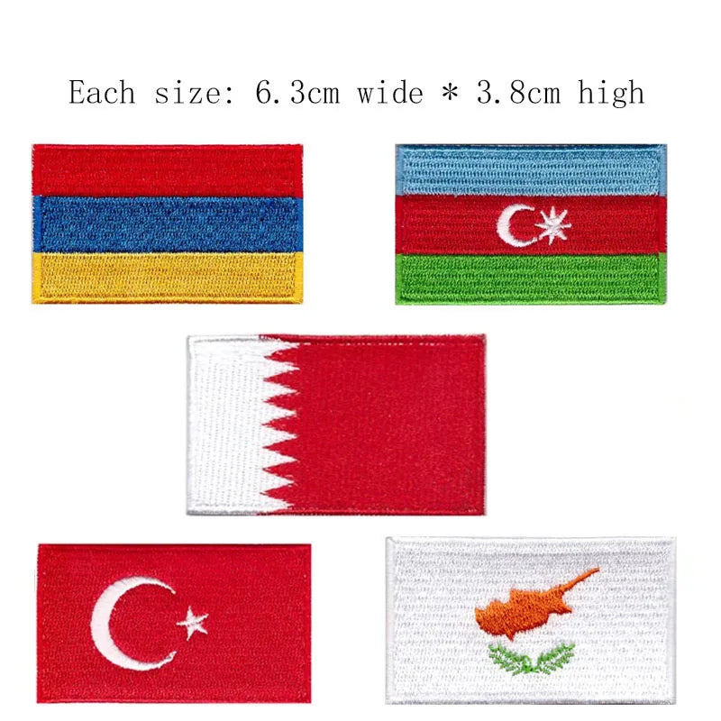 A collection of embroidery patches featuring the flag of the Dominican Republic and the flag of Turkey.