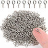 A pile of silver stainless steel eye screw pins for jewelry making, showing various sizes and styles.
