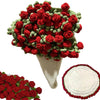 A bouquet of handmade red and green rose crochet flowers displayed in a white gift bag.