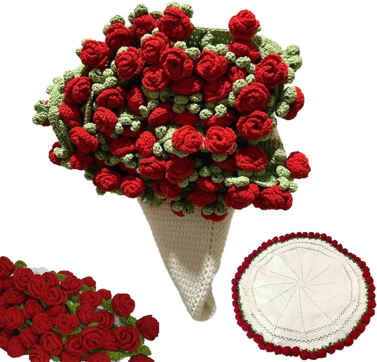 A bouquet of handmade red and green rose crochet flowers displayed in a white gift bag.