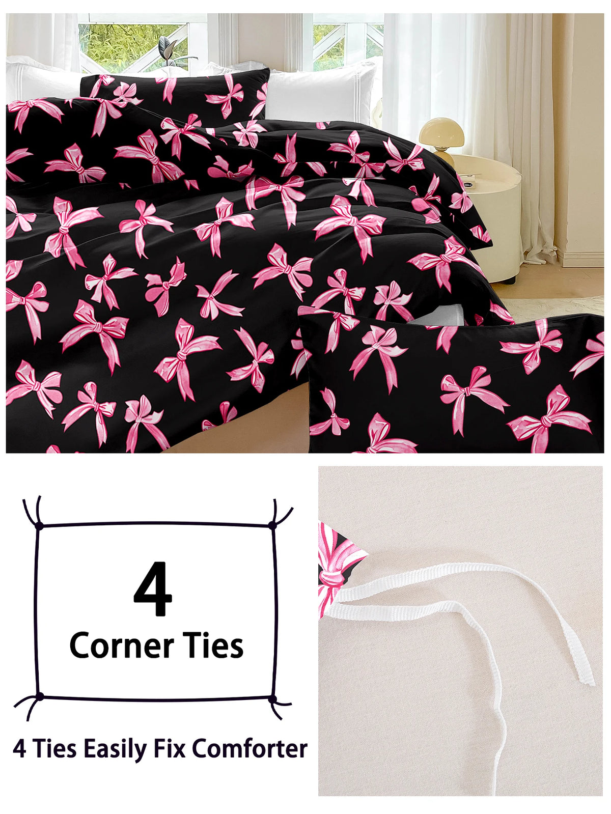 Black duvet cover set featuring a pink plaid bow print with four corner ties for easy fixing