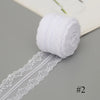 A roll of white floral lace ribbon with cotton trim for sewing and crafts.