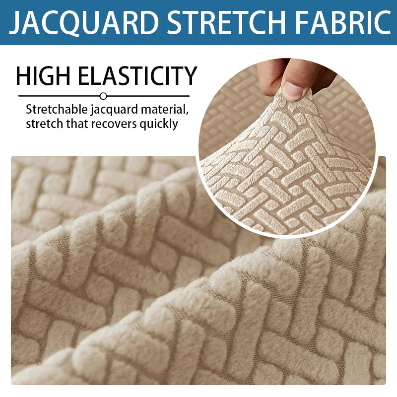 Close-up of a beige jacquard stretch fabric showing its woven pattern and elasticity.
