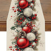 Christmas pine cone and red berry linen table runner featuring ornaments and greenery
