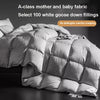 A white goose down filling duvet with quilted stitching shown on a bed.