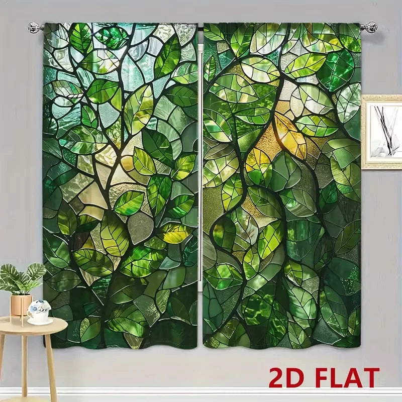 A set of two stained glass leaf light-filtering curtains featuring vibrant green foliage patterns.
