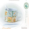 A white porcelain mug decorated with colorful botanical flowers and leaves, set against a light background.