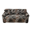 A brown and black patterned stretchable sofa cover with a dark fabric texture.
