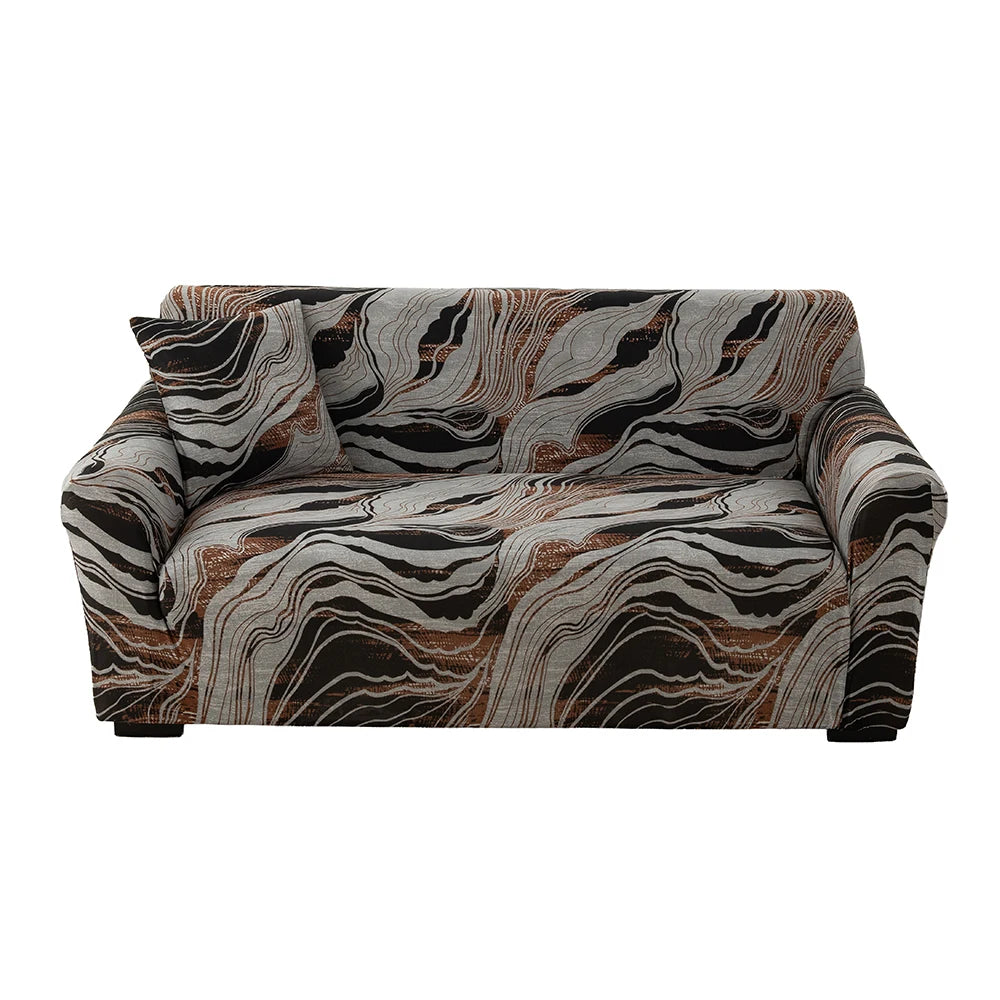 A brown and black patterned stretchable sofa cover with a dark fabric texture.