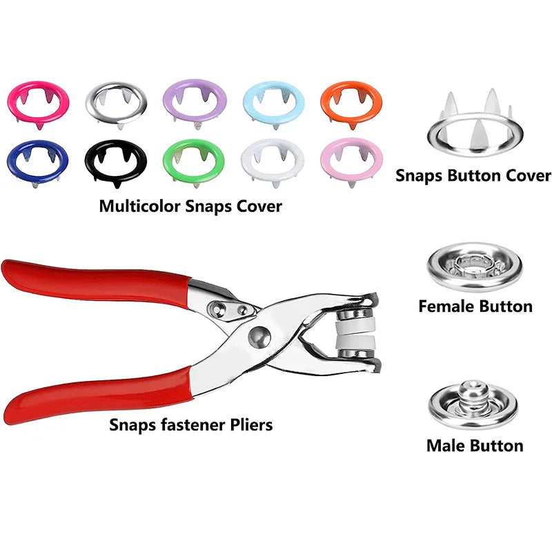 A set of metal snaps, button covers, and fasteners pliers for DIY crafting.