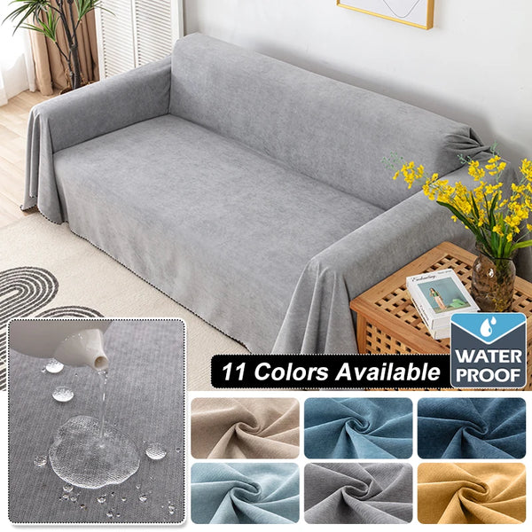 A gray waterproof sofa cover displayed alongside various fabric colors and a wooden tray.