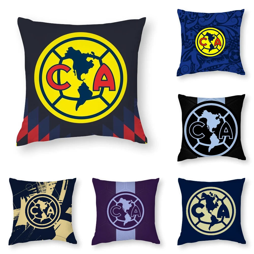 Decorative pillow cases featuring the Football Club America logo in various colors and designs.