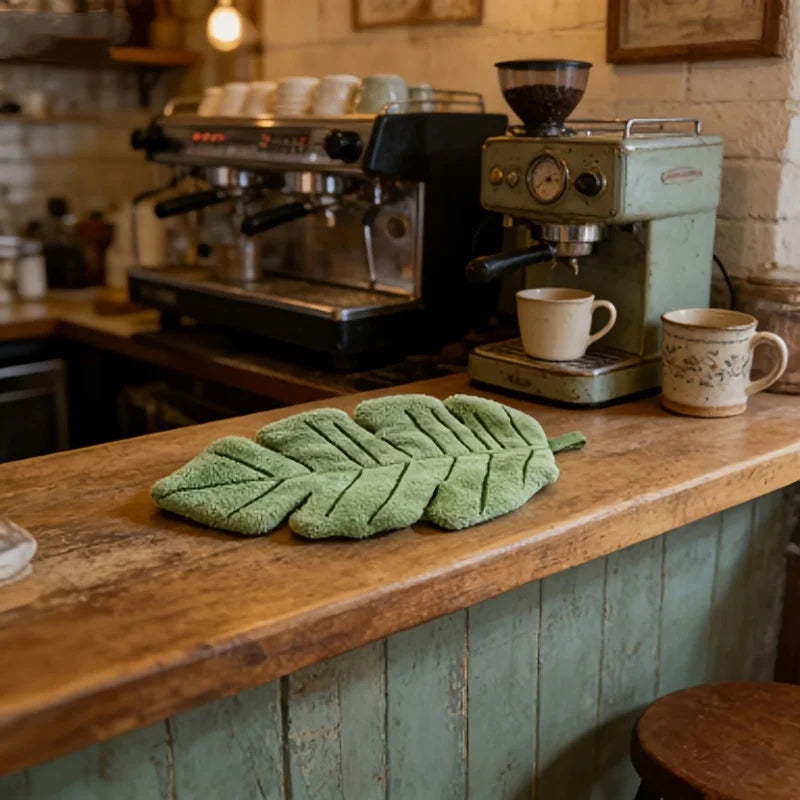 A green decorative banana leaf hanging hand towel resting on a wooden counter near coffee machines.
