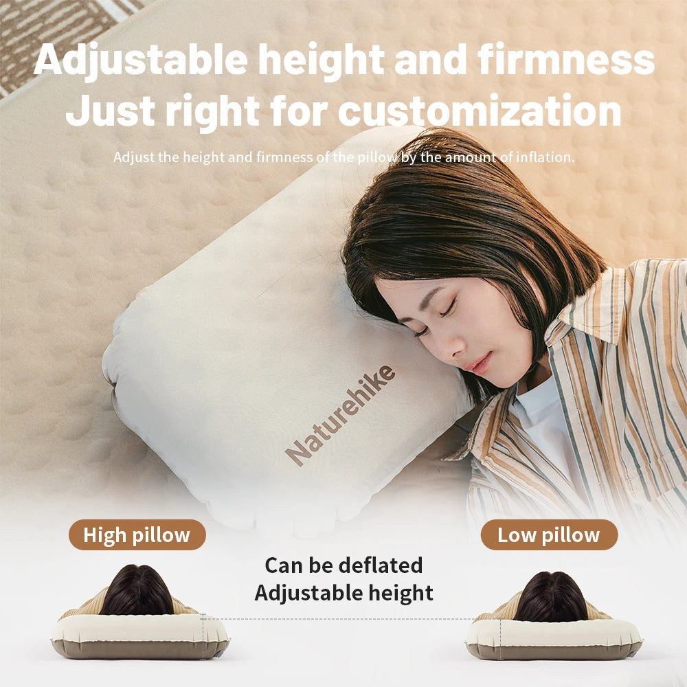 A woman is adjusting the height and firmness of a Naturehike inflatable pillow, demonstrating its customizable features.