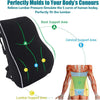 Black memory foam lumbar support pillow showing marked areas for cervical, lumbar, and back support.
