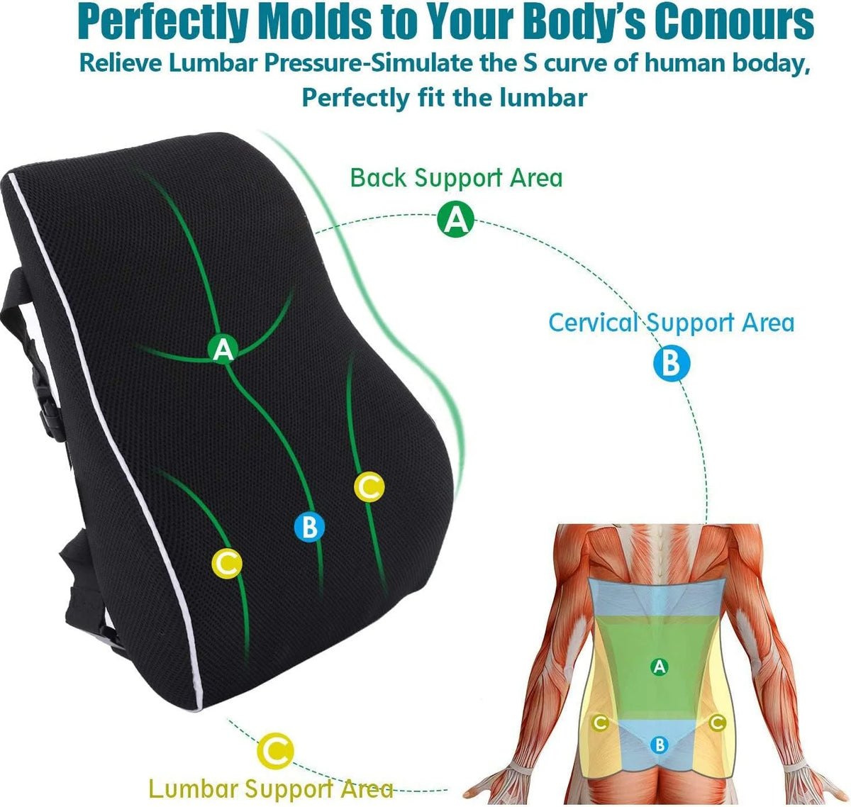 Black memory foam lumbar support pillow showing marked areas for cervical, lumbar, and back support.