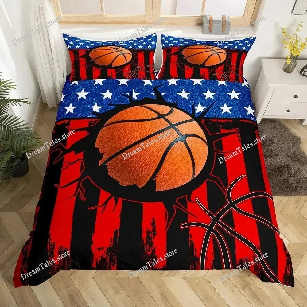 A sports theme duvet cover set featuring a basketball design on a patriotic American flag background.