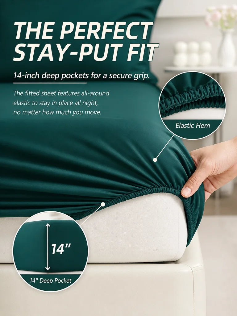 Close-up of a dark green fitted sheet with elastic hems and deep pockets, demonstrating a secure grip.