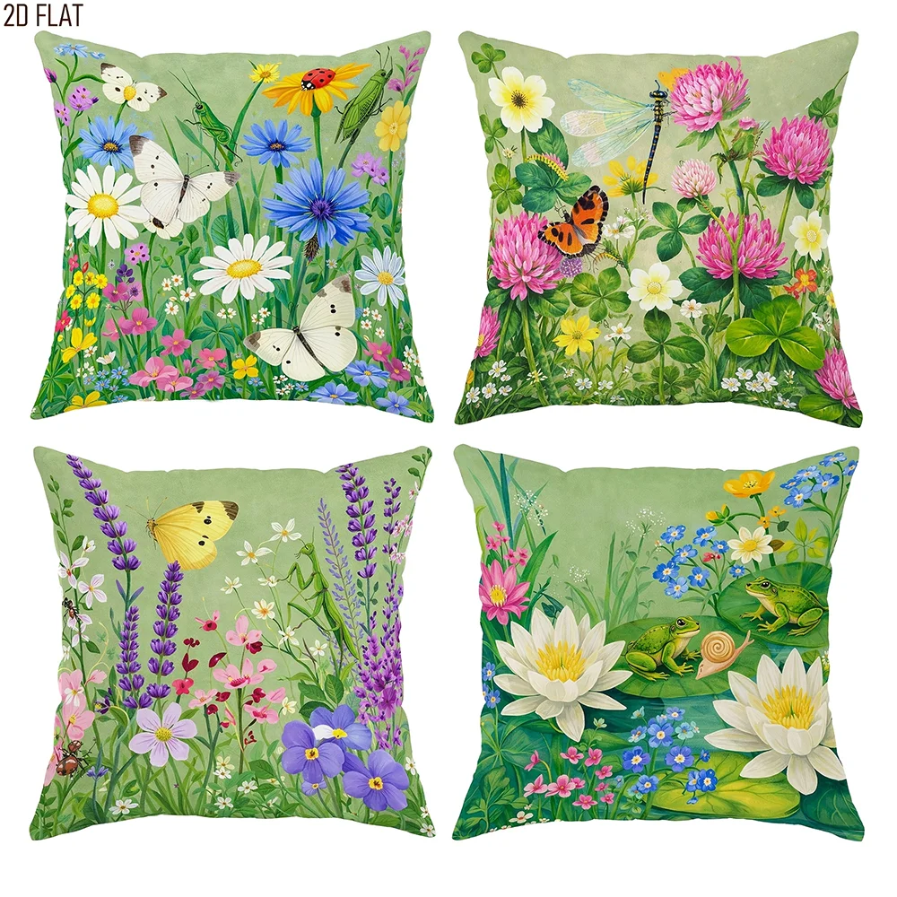 Four floral throw pillow covers featuring various butterflies, bees, and wildflowers in green and pink hues.