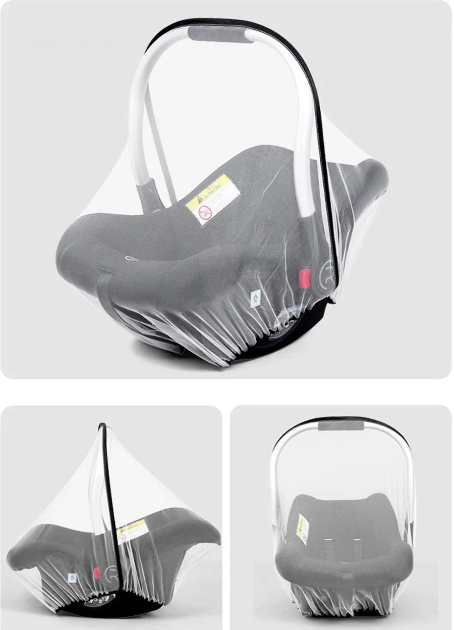A clear, breathable mosquito net designed for baby strollers and car seats, shown in various angles.