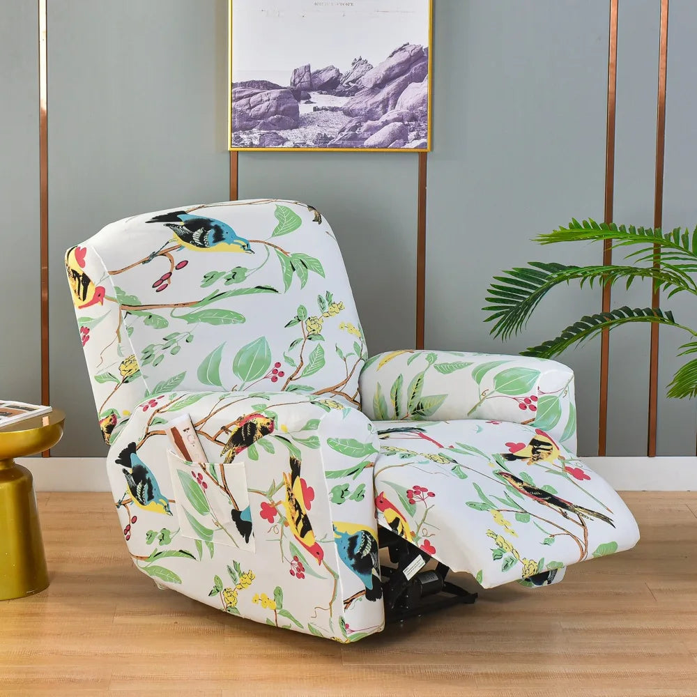 Floral print recliner and sofa slipcover set with a white background and green foliage pattern.