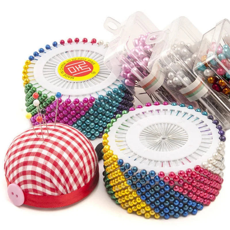 Colorful pearl straight head pins for crafting featuring various colors and designs.