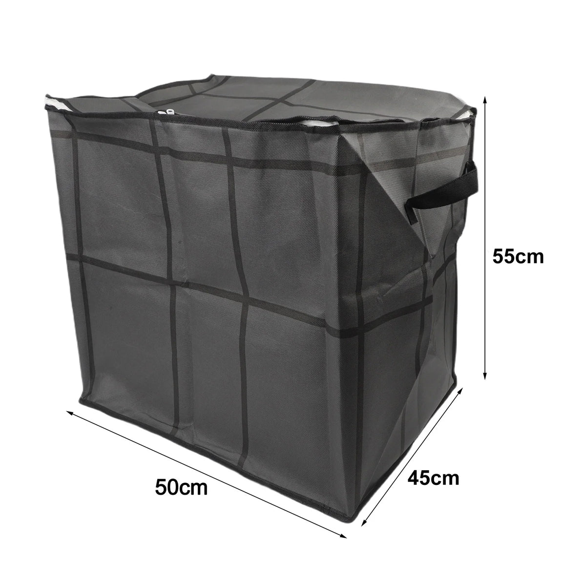 A black portable folding storage bag with a plaid pattern, shown from the side.
