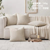 A beige chenille pillow cover displayed on a light-colored sofa with a sheer drape and a framed botanical print.