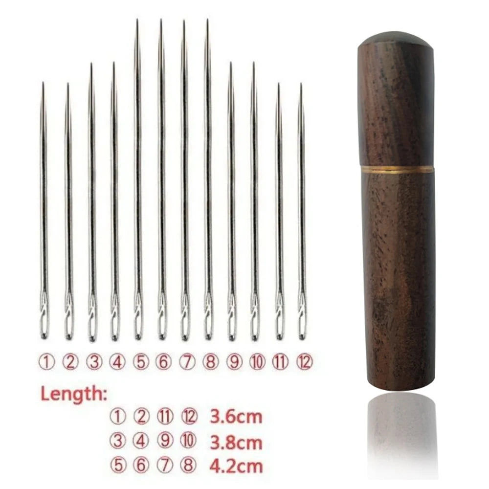 A brown cylindrical container holding twelve stainless steel sewing needles of varying lengths.