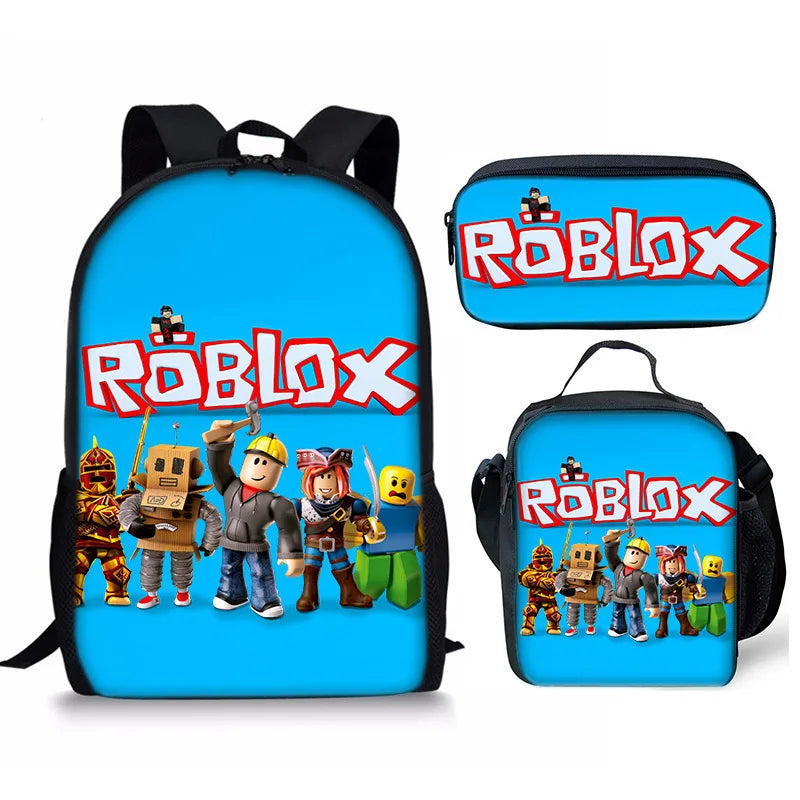 A blue backpack and a matching pouch featuring Roblox characters and branding.