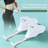 A white 3-in-1 body measuring tape is shown being used on a person, with the tape and measuring device laid out.