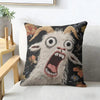 A black cushion cover featuring a distressed, screaming goat face with wide eyes and an open mouth.