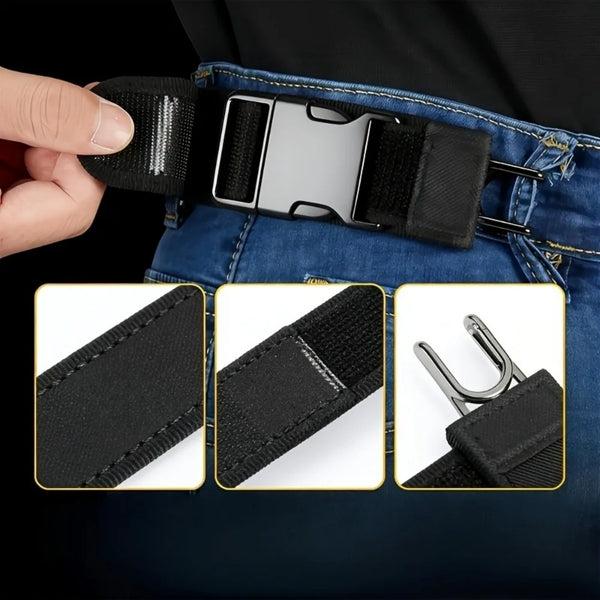 A close-up of a black adjustable elastic belt with a hook and Velcro attached to denim fabric.