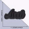Black embroidered leather patch with a wavy design on a white background.