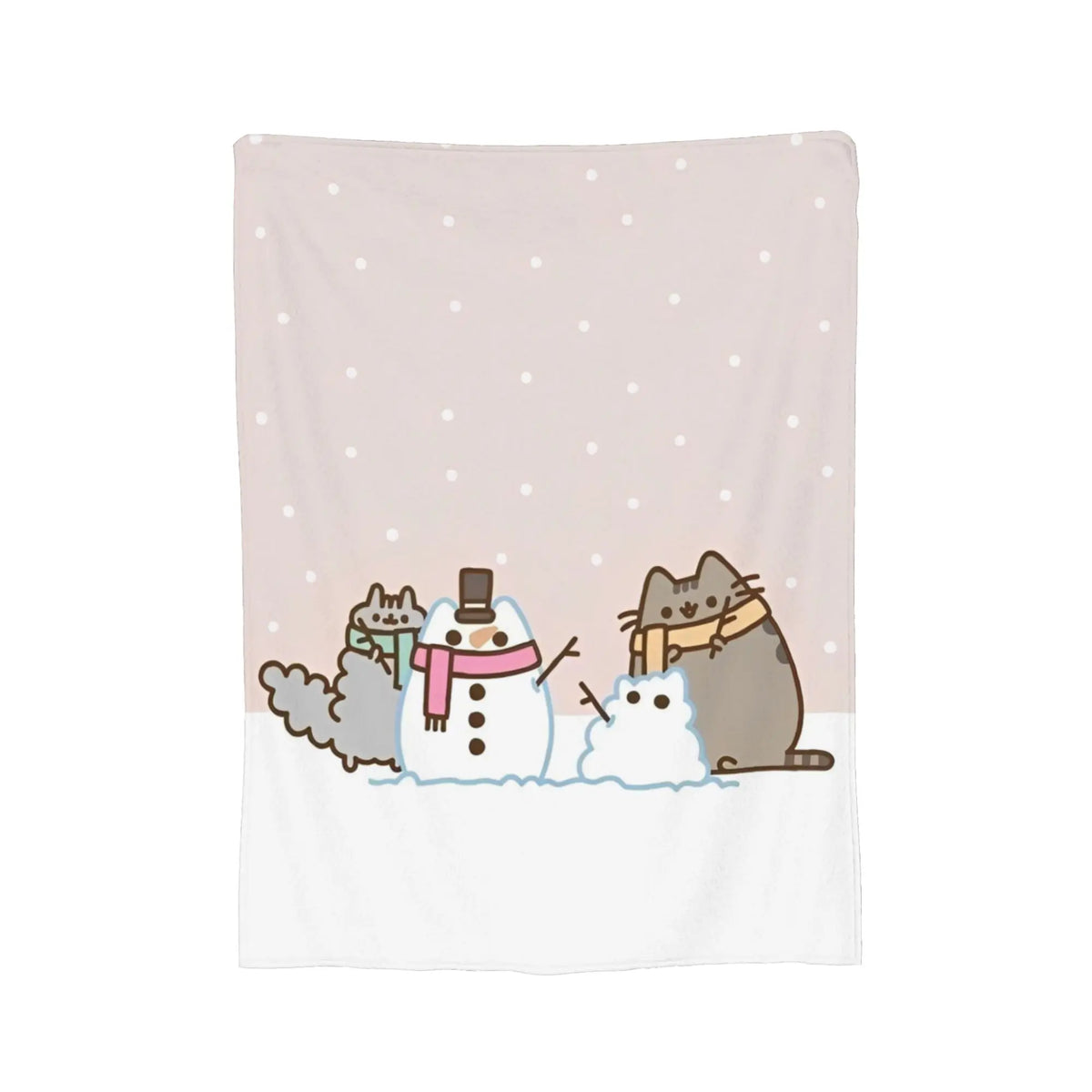 A watercolor illustration of a cat and a snowman in a snowy scene on a light pink background.