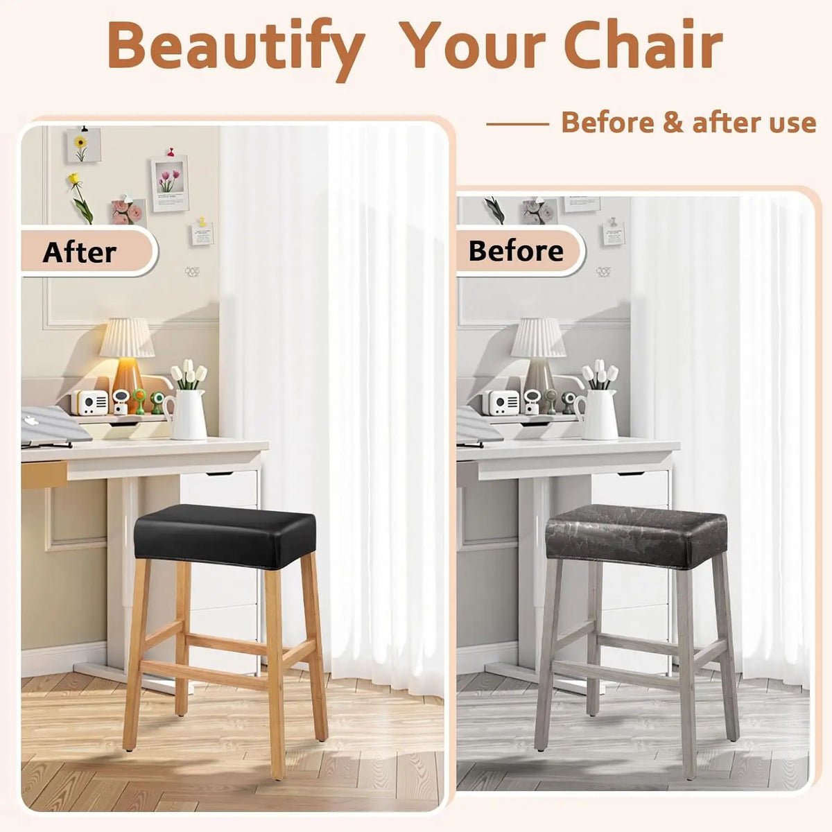 Before and after comparison showing a waterproof PU leather bar stool cover on a wooden stool.