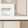 A close-up view of a vertical pleated privacy shield door curtain in a light beige color installed in a room.