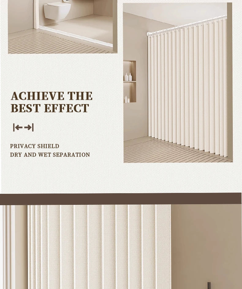 A close-up view of a vertical pleated privacy shield door curtain in a light beige color installed in a room.