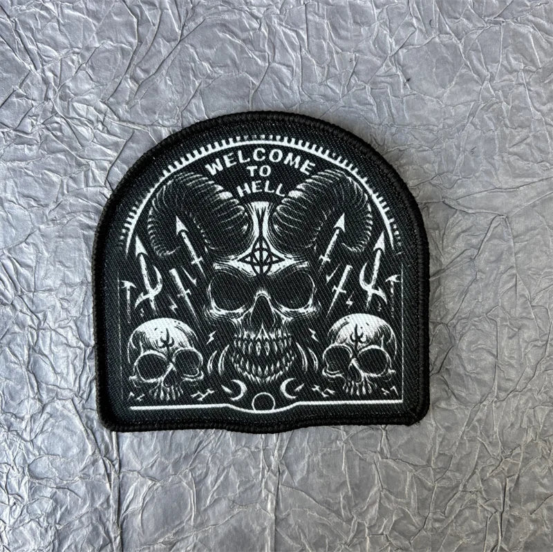 Black tactical skull patch hook and loop badge with a welcome to hell design