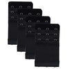 A pack of four black bra strap extenders with adjustable clips shown in a vertical arrangement.