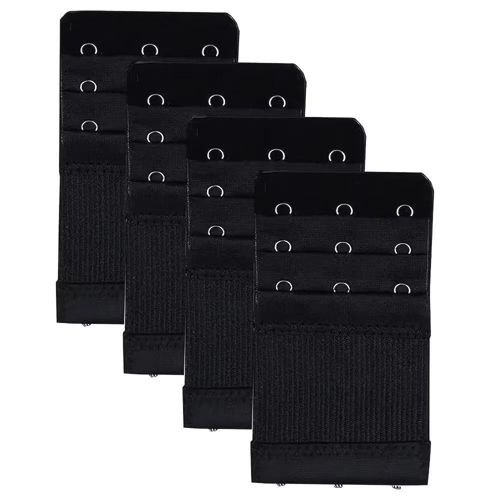 A pack of four black bra strap extenders with adjustable clips shown in a vertical arrangement.