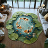 A round rug featuring a green background with an underwater scene of orange and black koi fish.