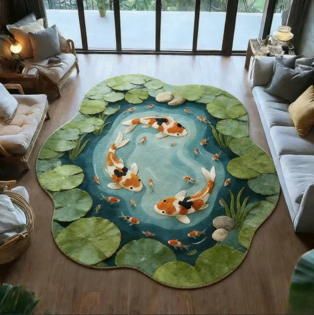 A round rug featuring a green background with an underwater scene of orange and black koi fish.