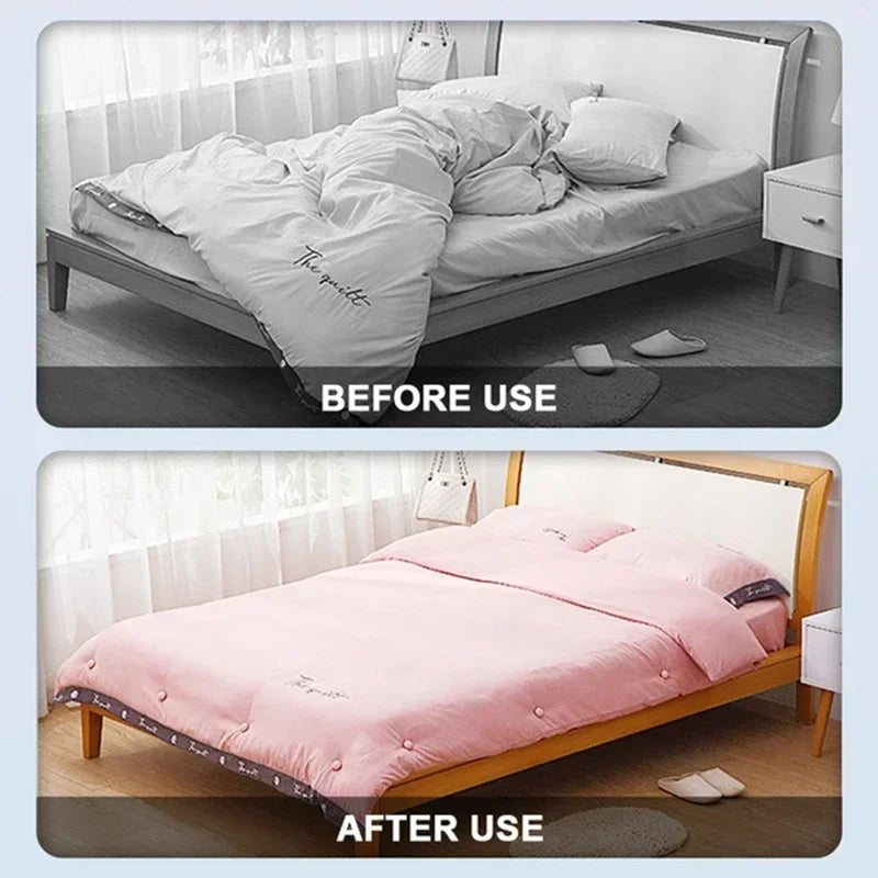 Before and after comparison of a bed using adjustable quilt and fabric clips