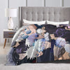 A flannel throw blanket featuring characters from Jujutsu Kaisen, including Gojo Satoru, draped over a bed.