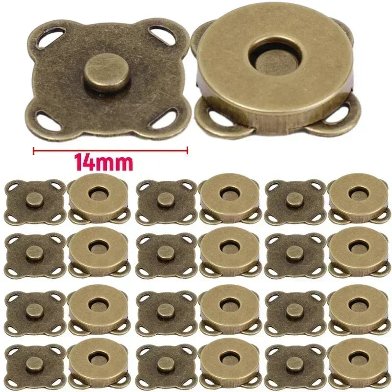 A collection of brass magnetic snap fasteners for bags, purses, and craft projects in various sizes.
