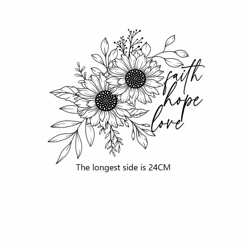 A black line drawing of a bouquet of flowers with the words faith hope love written in script.