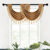 A pair of brown European style window curtains with tassels hanging from a black rod.