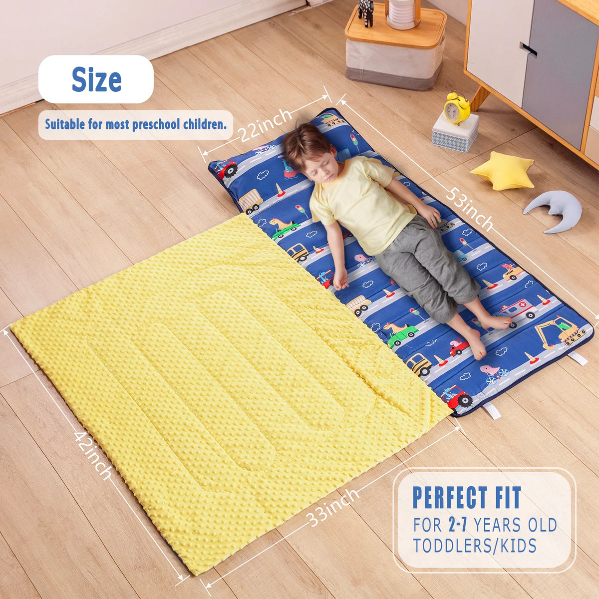 Yellow toddler nap mat with blue and white pattern, featuring a removable pillow and fleece blanket.