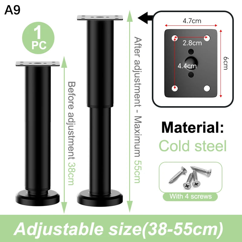Black cold steel furniture support legs with adjustable height from 38 to 55 cm